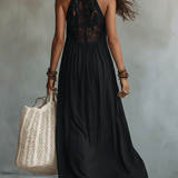 Idunn — Black Halter Maxi Dress with Lace Bodice and Lace Hem