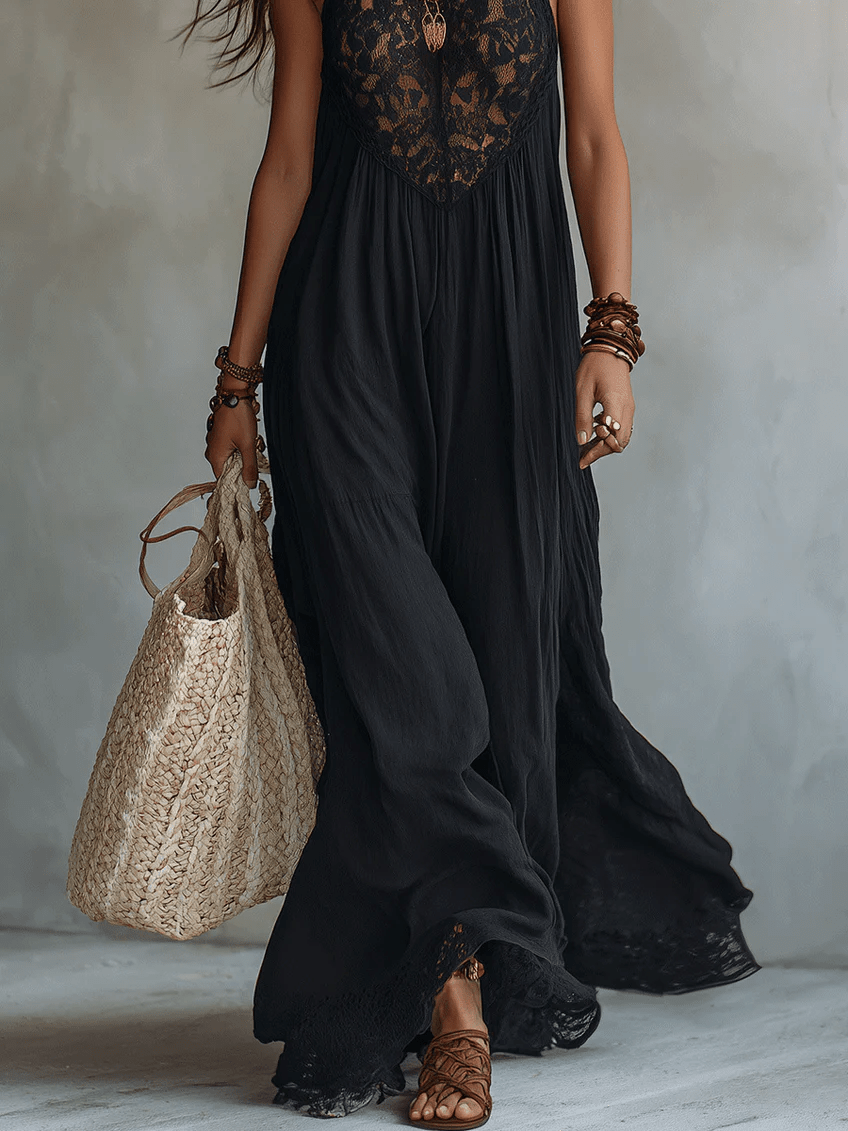 Idunn — Black Halter Maxi Dress with Lace Bodice and Lace Hem