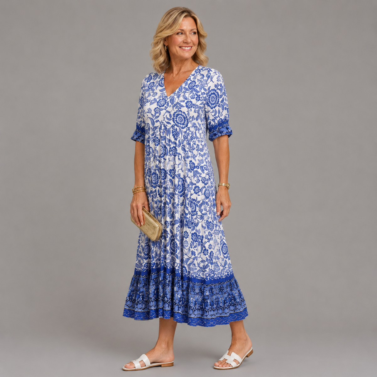 Belinda — Floral V-Neck Tiered Midi Dress