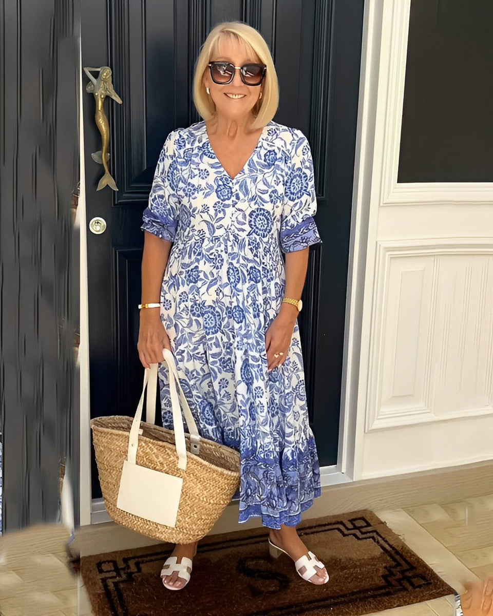 Belinda — Floral V-Neck Tiered Midi Dress