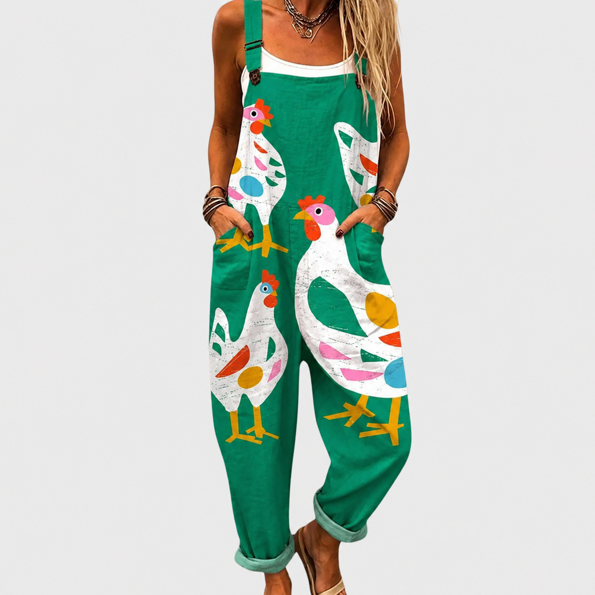 Demi — Green Goose Print Overalls