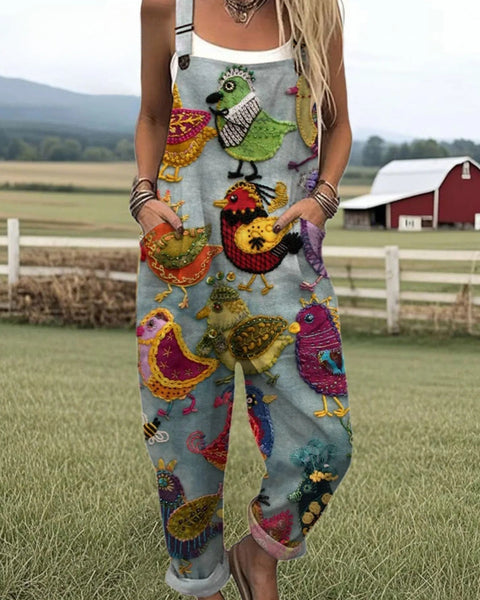 Tegwen — Colourful Folk Bird Print Overalls