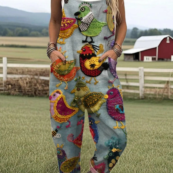 Tegwen — Colourful Folk Bird Print Overalls