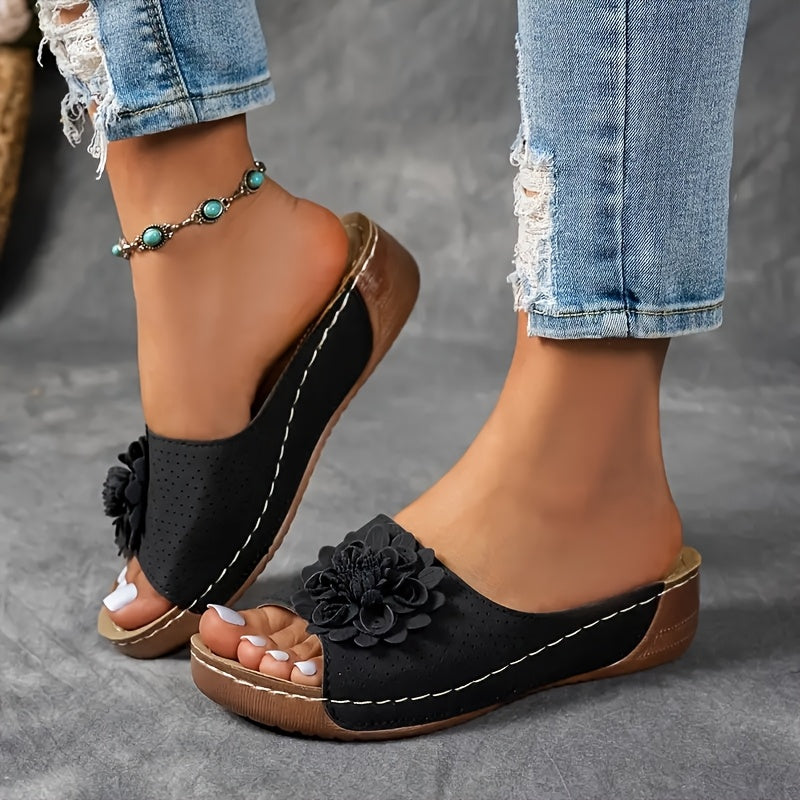 Darcy — Flower-Detail Wedge Slide Sandals