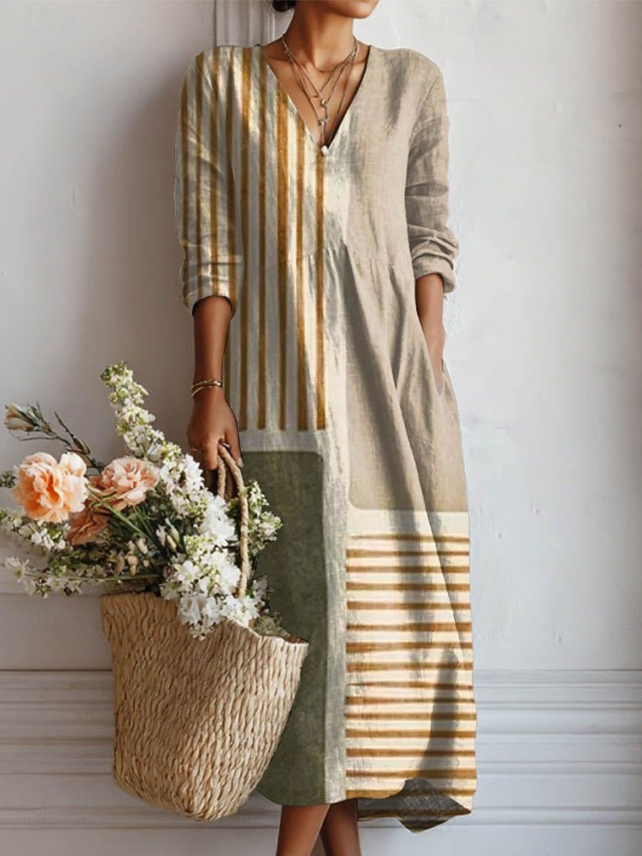 Alexa — Cream Striped Patchwork V-Neck Boho Maxi Dress