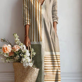 Alexa — Cream Striped Patchwork V-Neck Boho Maxi Dress