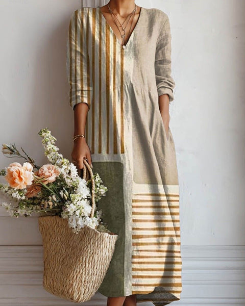 Alexa — Cream Striped Patchwork V-Neck Boho Maxi Dress