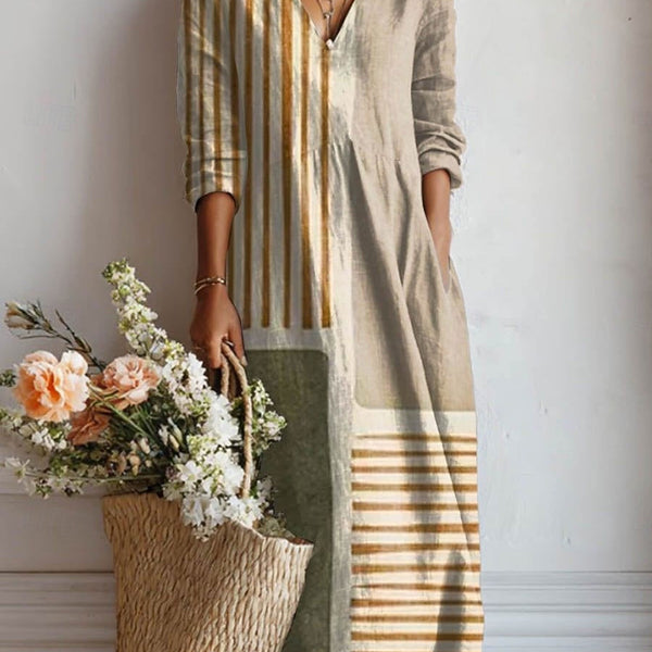 Alexa — Cream Striped Patchwork V-Neck Boho Maxi Dress