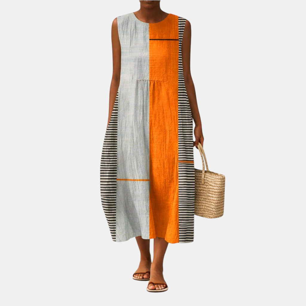 Aspen — Orange Colour-Block Stripe Sleeveless Midi Dress