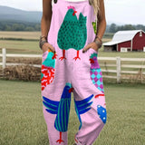 Genette — Pink Folk Hen Print Overalls
