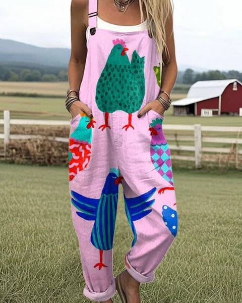 Genette — Pink Folk Hen Print Overalls