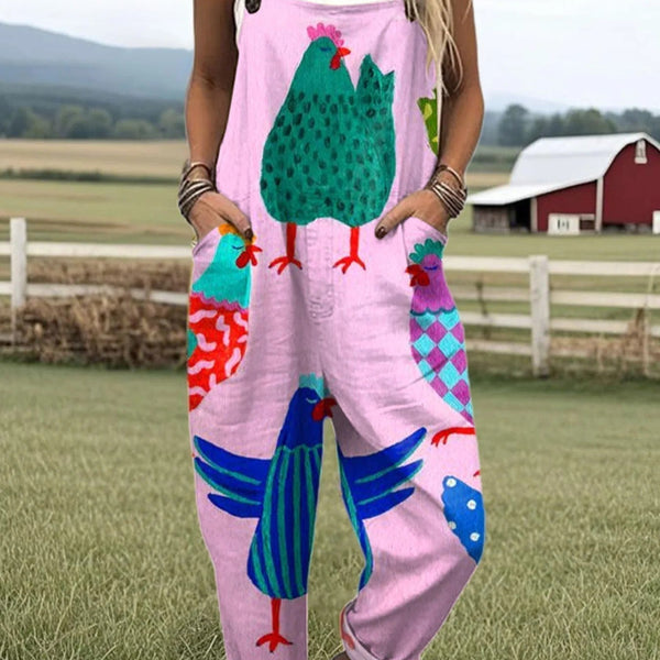 Genette — Pink Folk Hen Print Overalls