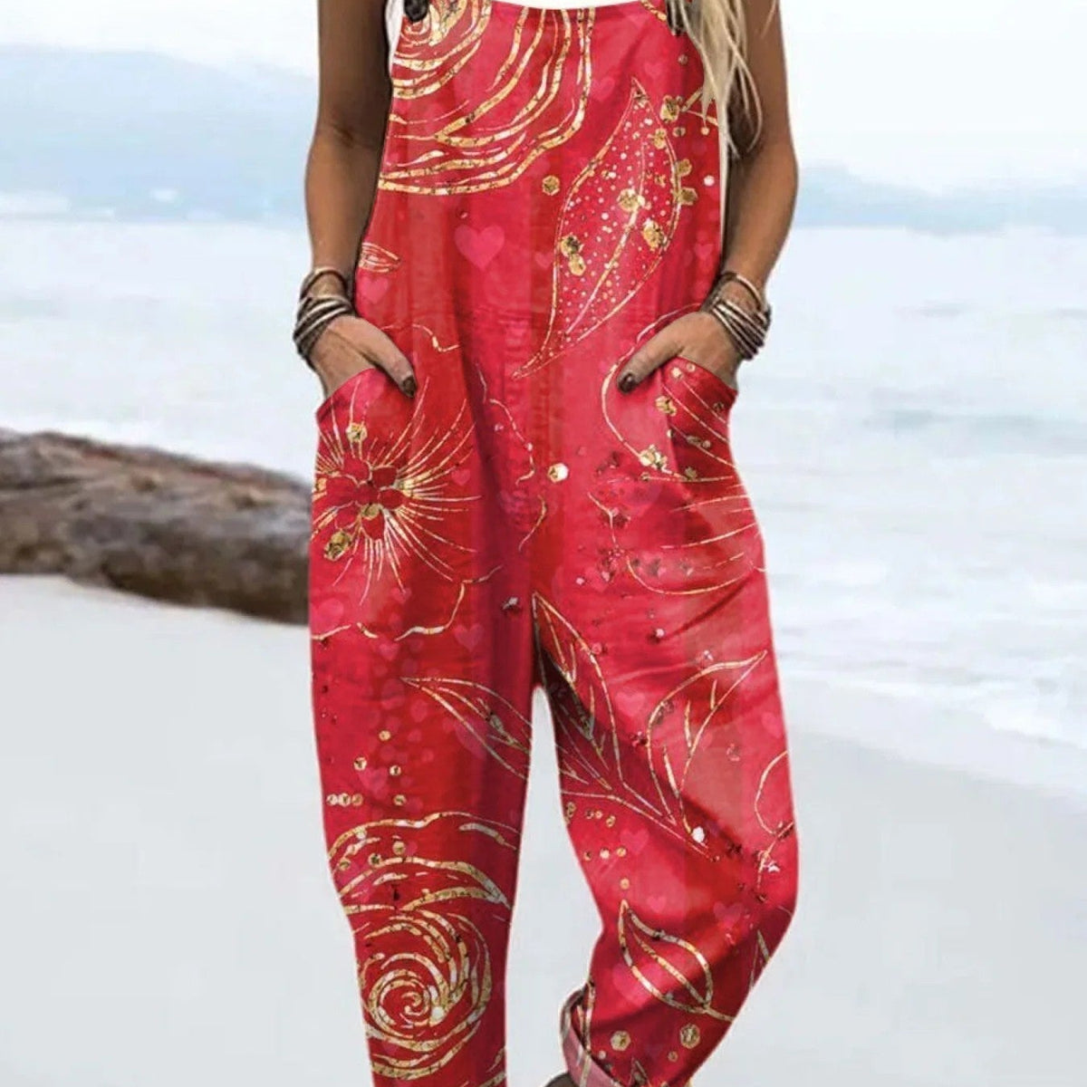 Ruth — Red and Gold Swirl Print Overalls