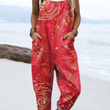Ruth — Red and Gold Swirl Print Overalls