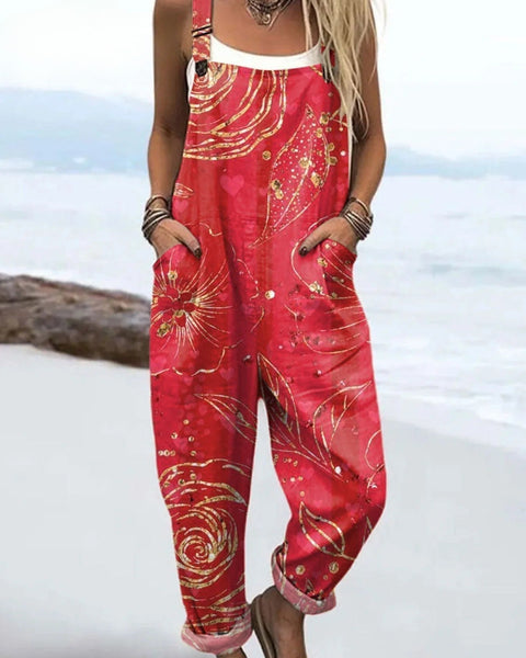Ruth — Red and Gold Swirl Print Overalls
