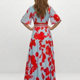Rozenn — Red Poppy Print Maxi Dress with V-Neck and Kimono Sleeves