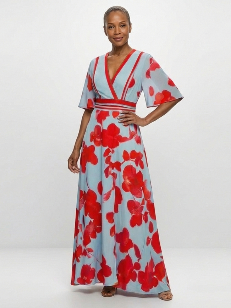 Rozenn — Red Poppy Print Maxi Dress with V-Neck and Kimono Sleeves