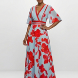 Rozenn — Red Poppy Print Maxi Dress with V-Neck and Kimono Sleeves