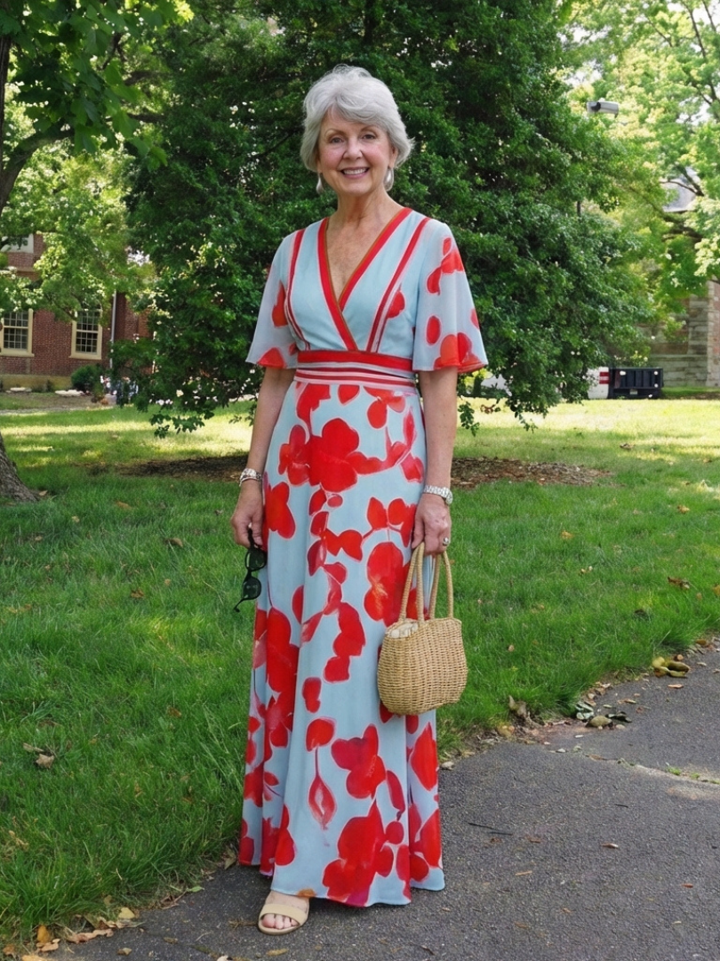 Rozenn — Red Poppy Print Maxi Dress with V-Neck and Kimono Sleeves