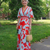 Rozenn — Red Poppy Print Maxi Dress with V-Neck and Kimono Sleeves