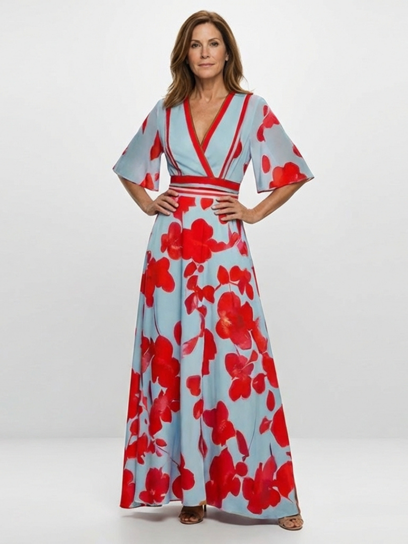 Rozenn — Red Poppy Print Maxi Dress with V-Neck and Kimono Sleeves