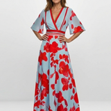 Rozenn — Red Poppy Print Maxi Dress with V-Neck and Kimono Sleeves