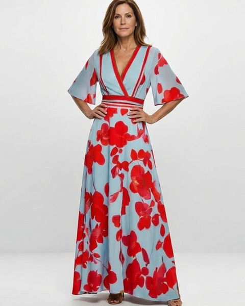 Rozenn — Red Poppy Print Maxi Dress with V-Neck and Kimono Sleeves