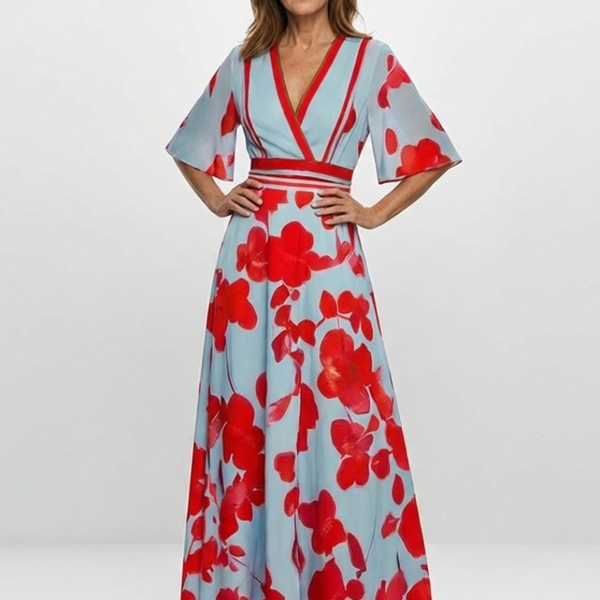 Rozenn — Red Poppy Print Maxi Dress with V-Neck and Kimono Sleeves