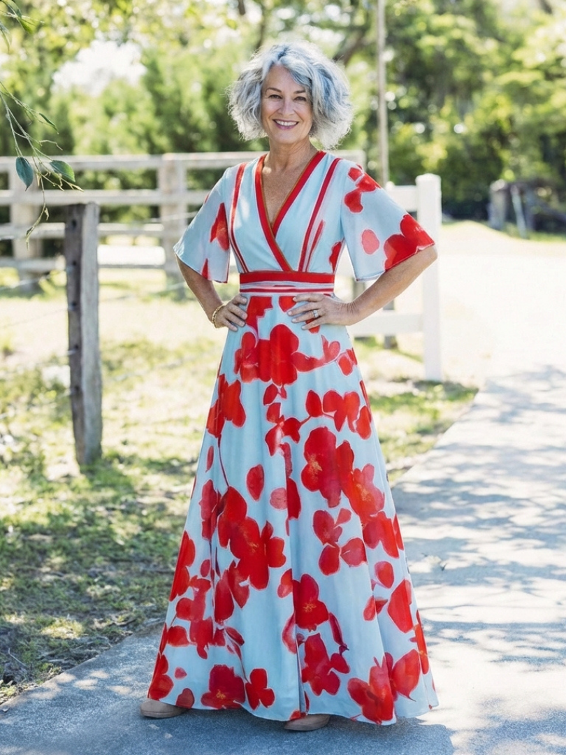 Rozenn — Red Poppy Print Maxi Dress with V-Neck and Kimono Sleeves