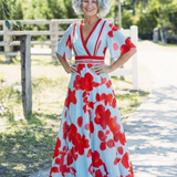 Rozenn — Red Poppy Print Maxi Dress with V-Neck and Kimono Sleeves