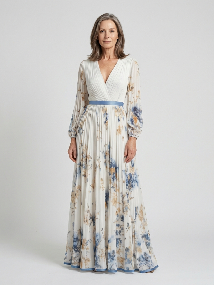 Glenys — Ivory Floral Pleated Maxi Dress with Blue Waistband and Long Sleeves