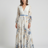 Glenys — Ivory Floral Pleated Maxi Dress with Blue Waistband and Long Sleeves