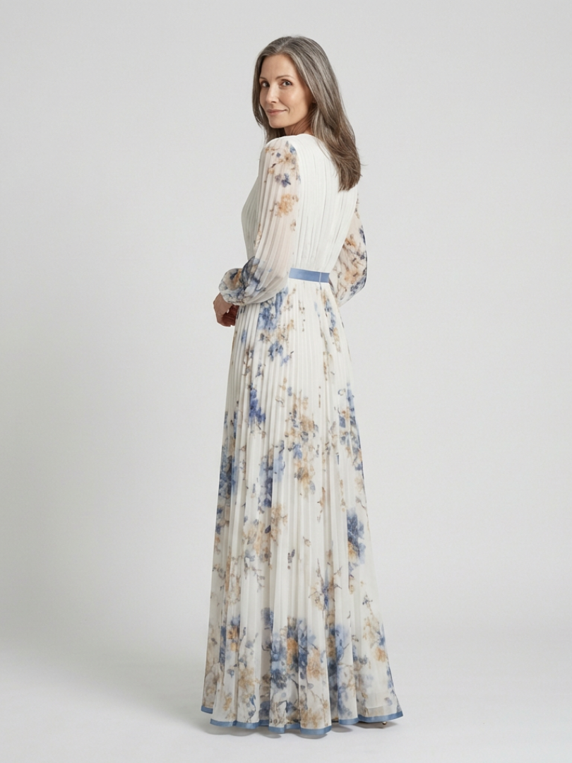Glenys — Ivory Floral Pleated Maxi Dress with Blue Waistband and Long Sleeves