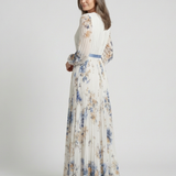 Glenys — Ivory Floral Pleated Maxi Dress with Blue Waistband and Long Sleeves