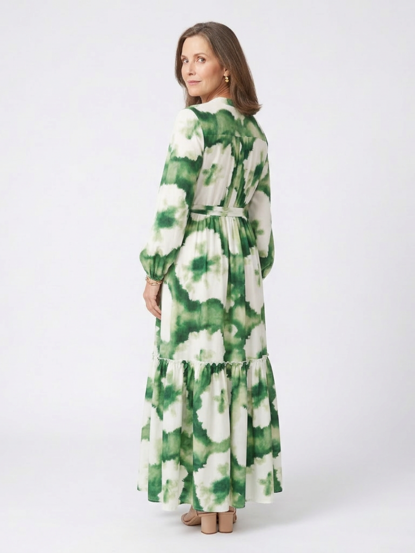 Sieglinde — Green Leaf-Print Tiered Maxi Dress with Tie Waist and Long Sleeves