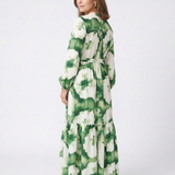 Sieglinde — Green Leaf-Print Tiered Maxi Dress with Tie Waist and Long Sleeves