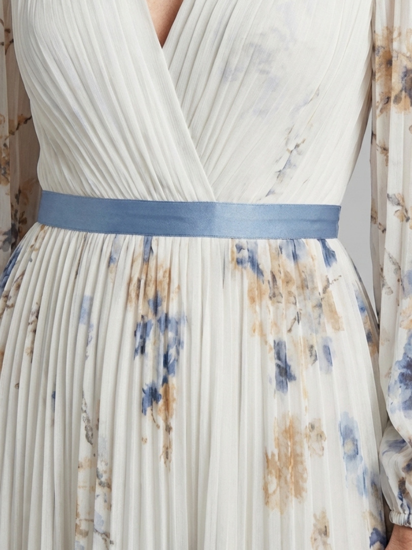 Glenys — Ivory Floral Pleated Maxi Dress with Blue Waistband and Long Sleeves