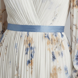 Glenys — Ivory Floral Pleated Maxi Dress with Blue Waistband and Long Sleeves