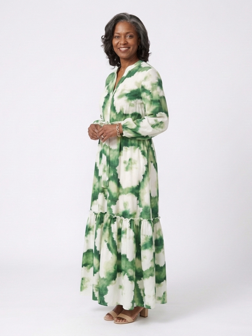 Sieglinde — Green Leaf-Print Tiered Maxi Dress with Tie Waist and Long Sleeves