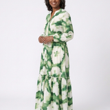 Sieglinde — Green Leaf-Print Tiered Maxi Dress with Tie Waist and Long Sleeves