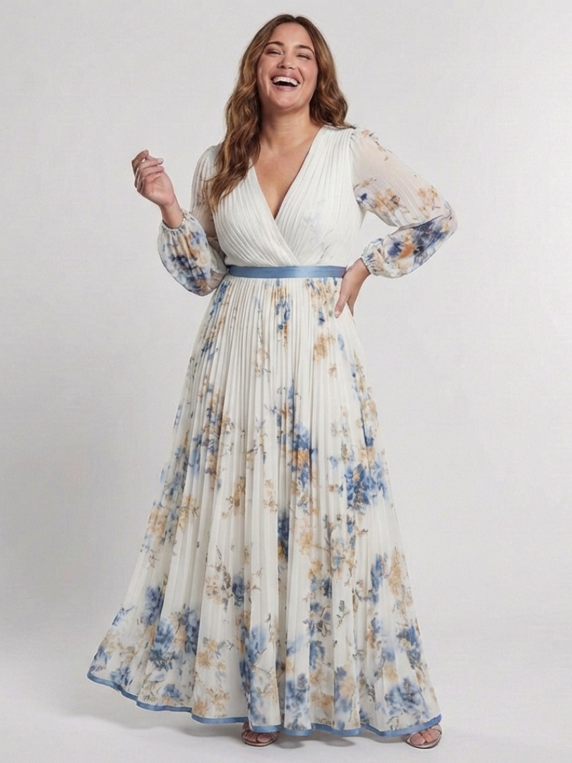 Glenys — Ivory Floral Pleated Maxi Dress with Blue Waistband and Long Sleeves