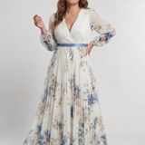 Glenys — Ivory Floral Pleated Maxi Dress with Blue Waistband and Long Sleeves