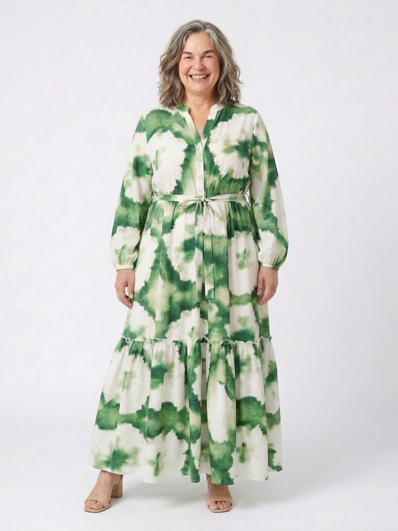 Sieglinde — Green Leaf-Print Tiered Maxi Dress with Tie Waist and Long Sleeves