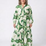 Sieglinde — Green Leaf-Print Tiered Maxi Dress with Tie Waist and Long Sleeves