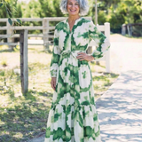 Sieglinde — Green Leaf-Print Tiered Maxi Dress with Tie Waist and Long Sleeves