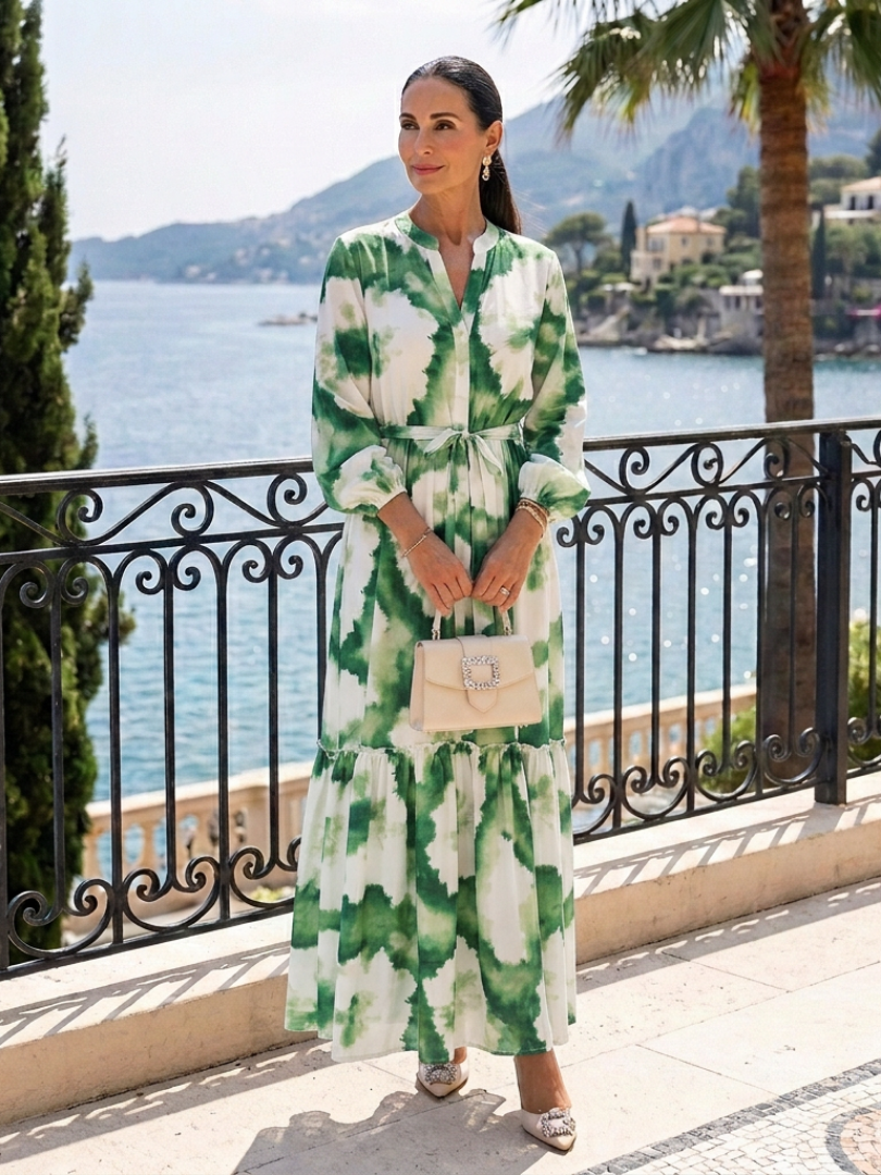 Sieglinde — Green Leaf-Print Tiered Maxi Dress with Tie Waist and Long Sleeves