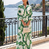 Sieglinde — Green Leaf-Print Tiered Maxi Dress with Tie Waist and Long Sleeves