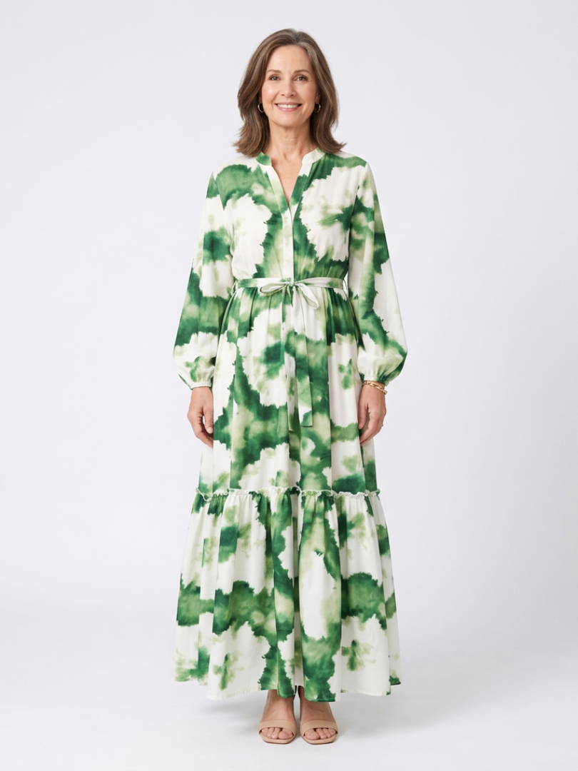 Sieglinde — Green Leaf-Print Tiered Maxi Dress with Tie Waist and Long Sleeves