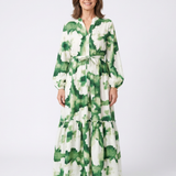 Sieglinde — Green Leaf-Print Tiered Maxi Dress with Tie Waist and Long Sleeves