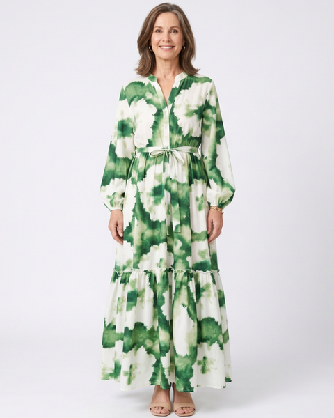 Sieglinde — Green Leaf-Print Tiered Maxi Dress with Tie Waist and Long Sleeves